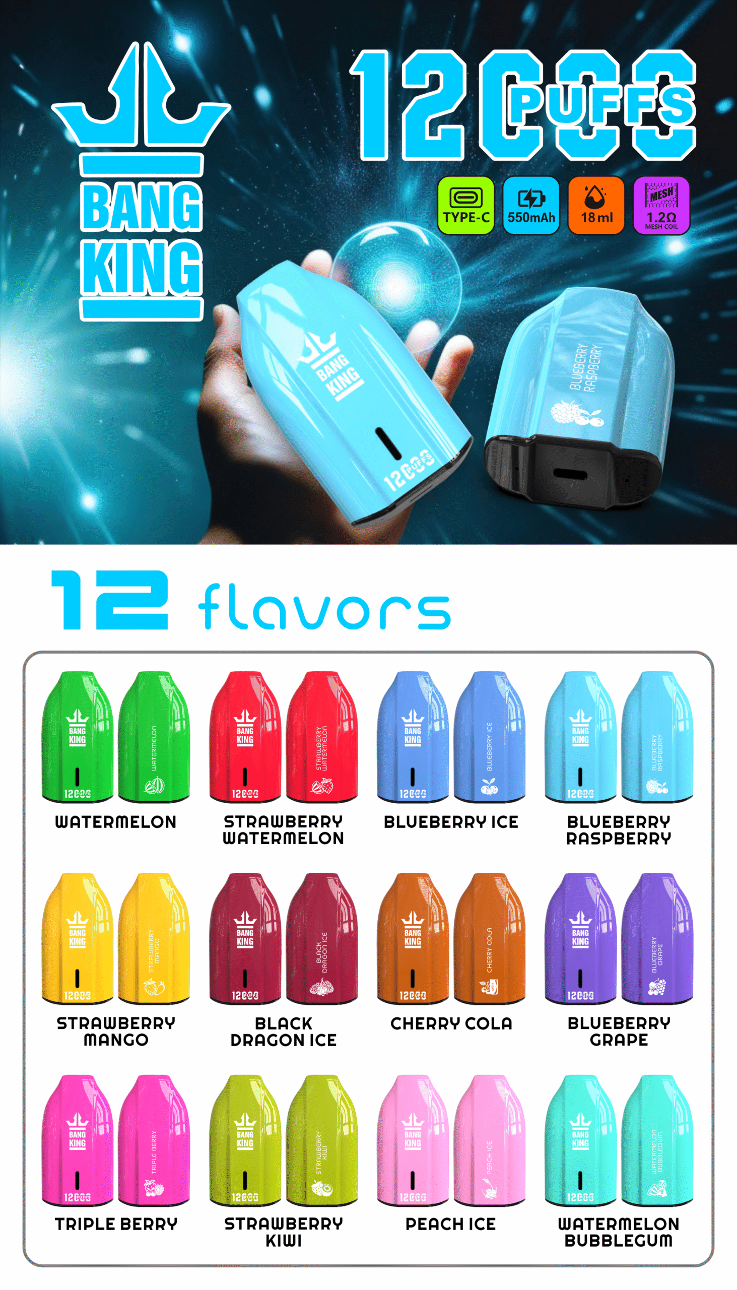 Bang King 12000 Puffs Bugatti Keys 12K Disposable Vape Wholesale 100% Original Edition 12 Flavors Low Nicotine 0% 2% 3% 5% E-Cigarette - Image 12